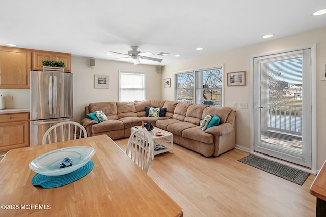 1255 W Mallard Dr, Stafford, NJ 08050 - living room featuring recessed lighting, light wood-style floors, a ceiling fan, and baseboards