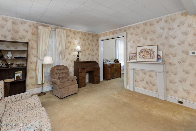 38 Bowne Ave, Freehold, NJ 07728 - living area with carpet, wallpapered walls, and ornamental molding