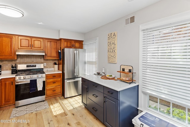 kitchen with appliances with stainless steel finishes, under cabinet range hood, plenty of natural light, and light countertops