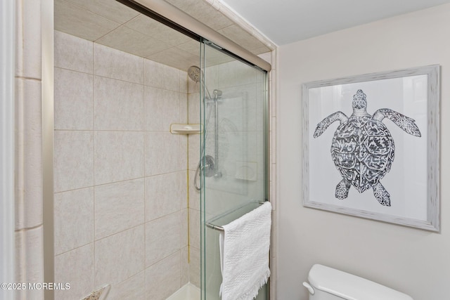 bathroom featuring a stall shower and toilet