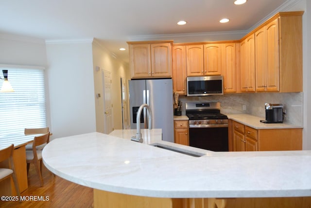 630 Springfield Ave, Pine Beach, NJ 08741 - kitchen featuring stainless steel appliances, ornamental molding, tasteful backsplash, recessed lighting, and a sink