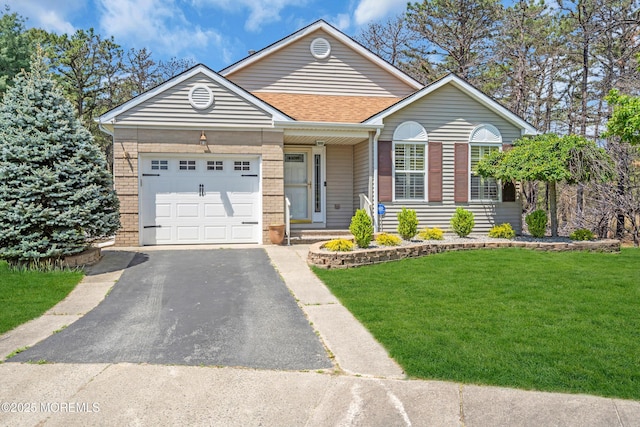 235 Prince Charles Ct, Toms River, NJ 08757 - ranch-style home featuring driveway, an attached garage, a front lawn, a shingled roof, and brick siding