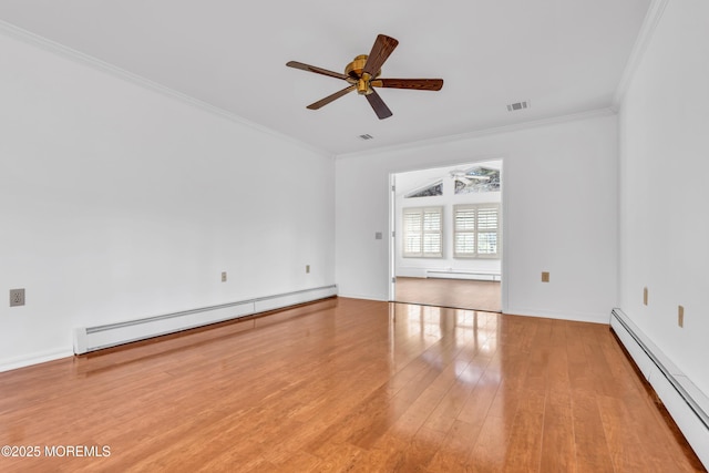 235 Prince Charles Ct, Toms River, NJ 08757 - unfurnished room featuring a baseboard heating unit, crown molding, wood finished floors, and ceiling fan