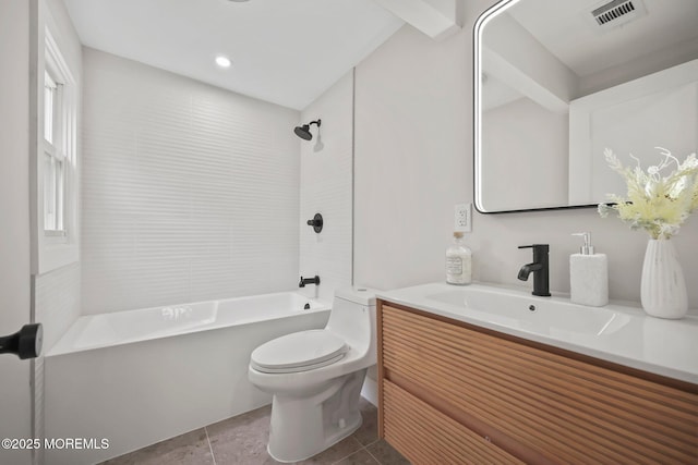 full bathroom with toilet, tile patterned flooring, vanity, and tub / shower combination