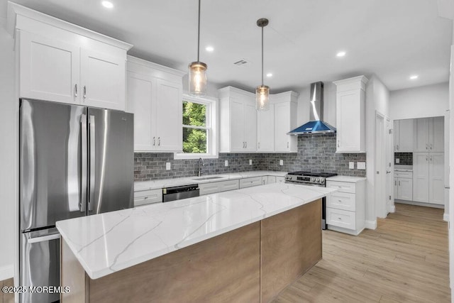 7 Leifried Ln, Tuckerton, NJ 08087 - kitchen with wall chimney range hood, stainless steel appliances, a sink, backsplash, and white cabinetry