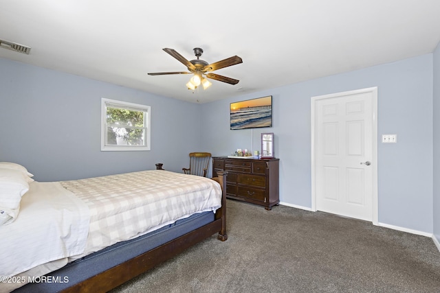 bedroom with carpet, baseboards, and ceiling fan