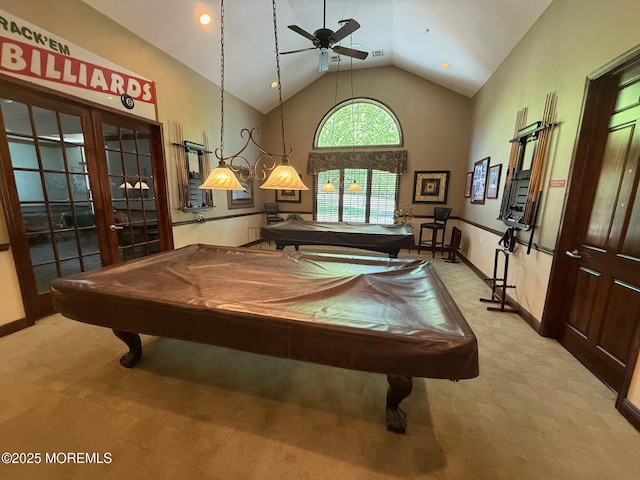 playroom featuring billiards, french doors, a ceiling fan, baseboards, and high vaulted ceiling