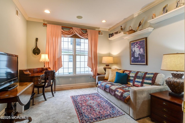 living room featuring carpet floors, ornamental molding, baseboards, and recessed lighting