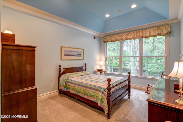 bedroom featuring baseboards, carpet flooring, ornamental molding, recessed lighting, and a tray ceiling