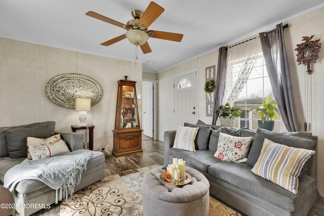 16 Bayshore Mobile Mnr, Hazlet, NJ 07730 - living room with wood finished floors, a ceiling fan, and crown molding
