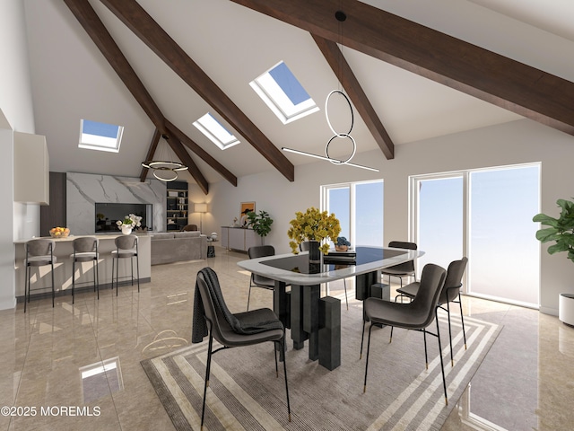 dining room with a skylight, high vaulted ceiling, and beam ceiling
