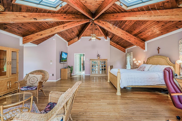 bedroom with a skylight, wood ceiling, wood finished floors, and baseboards
