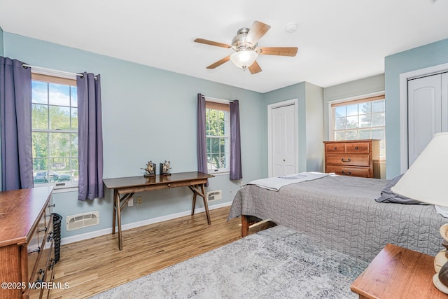 bedroom with wood finished floors, multiple closets, and multiple windows