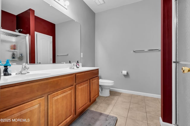 bathroom featuring a shower stall, tile patterned flooring, double vanity, toilet, and baseboards