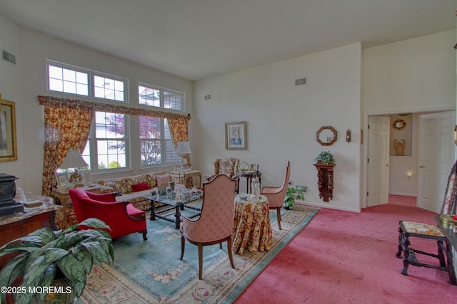 10 Lakeland Dr, Barnegat, NJ 08005 - carpeted living area featuring a wood stove, a high ceiling, and baseboards