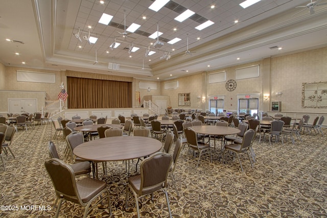 10 Lakeland Dr, Barnegat, NJ 08005 - carpeted dining room with a high ceiling, a raised ceiling, and ornamental molding