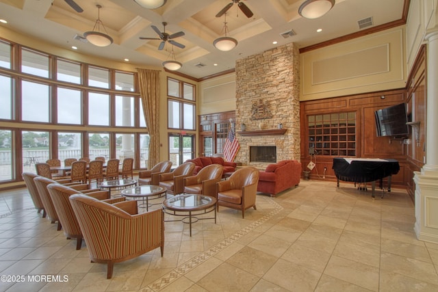 10 Lakeland Dr, Barnegat, NJ 08005 - living area featuring a towering ceiling, a ceiling fan, coffered ceiling, ornamental molding, and beamed ceiling