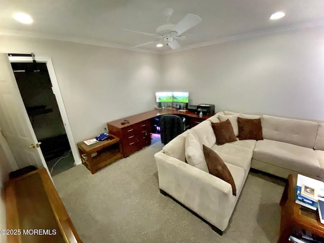 9 Darien Dr, West Long Branch, NJ 07764 - carpeted living area with a ceiling fan, recessed lighting, and crown molding