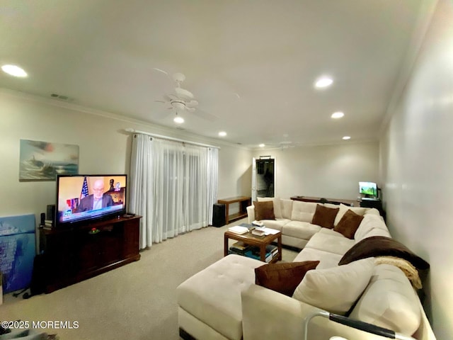 9 Darien Dr, West Long Branch, NJ 07764 - living area featuring ornamental molding, carpet floors, recessed lighting, and ceiling fan