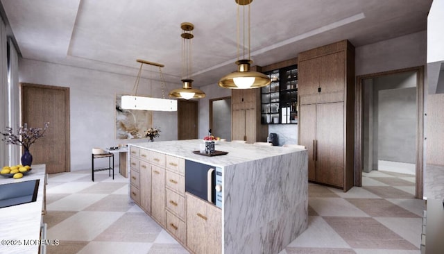 78 Beechwood Ave, West Long Branch, NJ 07764 - kitchen featuring light floors, light countertops, a kitchen island, and decorative light fixtures