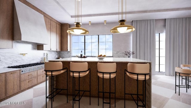 78 Beechwood Ave, West Long Branch, NJ 07764 - kitchen featuring gas stovetop, tasteful backsplash, custom exhaust hood, and healthy amount of natural light