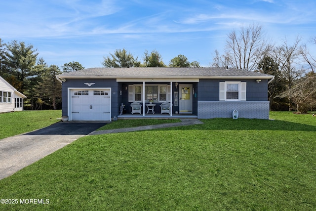 ranch-style house with driveway, a garage, a front lawn, a porch, and brick siding