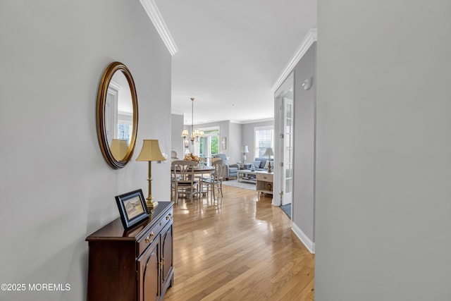 2210 Xanadu Ln, Wall, NJ 07719 - corridor featuring crown molding, a chandelier, light wood finished floors, and baseboards