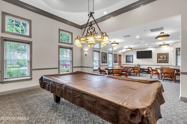 2210 Xanadu Ln, Wall, NJ 07719 - game room with carpet, billiards table, baseboards, ornamental molding, and recessed lighting