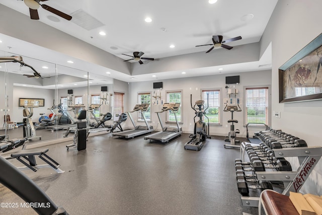 2210 Xanadu Ln, Wall, NJ 07719 - gym featuring a ceiling fan, recessed lighting, and a raised ceiling