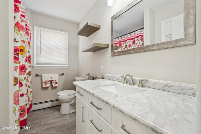 bathroom featuring baseboard heating, toilet, vanity, and a shower with curtain