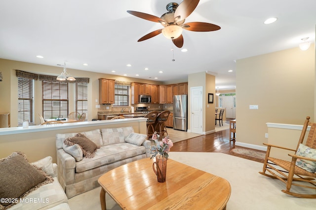 4 Augusta Dr, Little Egg Harbor, NJ 08087 - living area featuring a ceiling fan, plenty of natural light, recessed lighting, light wood-style floors, and baseboards