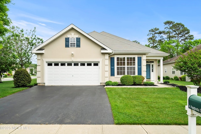 4 Augusta Dr, Little Egg Harbor, NJ 08087 - view of front of home featuring stucco siding, asphalt driveway, a front yard, a garage, and a shingled roof