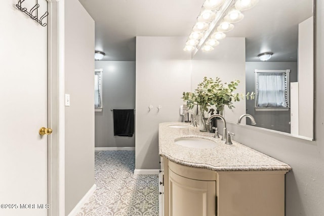 725 Province Line Rd, Allentown, NJ 08501 - bathroom featuring baseboards, double vanity, a chandelier, and tile patterned flooring
