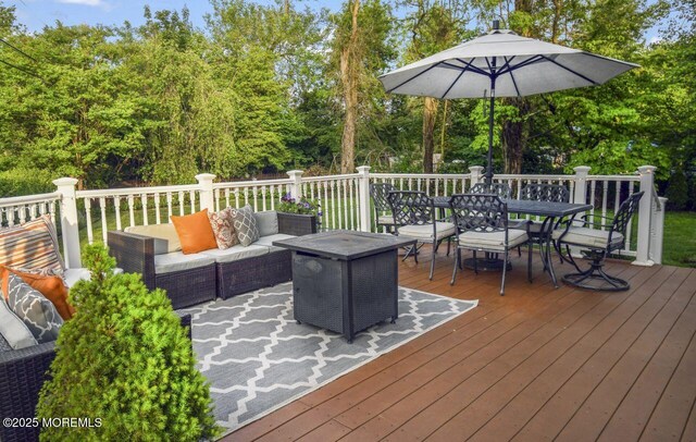 725 Province Line Rd, Allentown, NJ 08501 - wooden terrace featuring outdoor dining space, outdoor lounge area, and view of wooded area