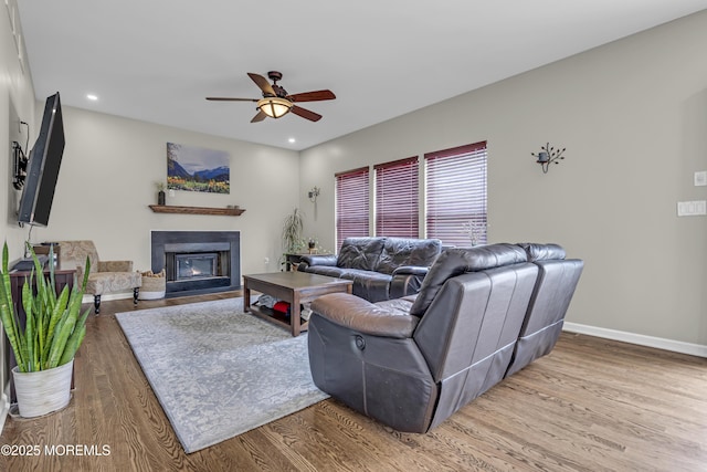22 Ernest Dr, Lanoka Harbor, NJ 08734 - living room featuring a ceiling fan, wood finished floors, a fireplace with flush hearth, baseboards, and recessed lighting