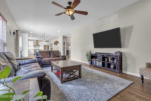 22 Ernest Dr, Lanoka Harbor, NJ 08734 - living area with a ceiling fan, wood finished floors, baseboards, stairway, and recessed lighting