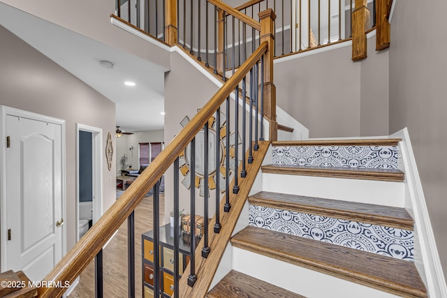 22 Ernest Dr, Lanoka Harbor, NJ 08734 - stairway with a high ceiling, wood finished floors, and ceiling fan