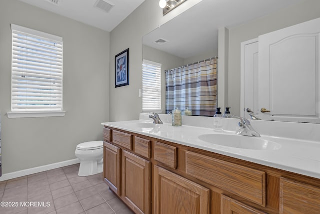 22 Ernest Dr, Lanoka Harbor, NJ 08734 - bathroom featuring toilet, baseboards, tile patterned flooring, double vanity, and a shower with curtain
