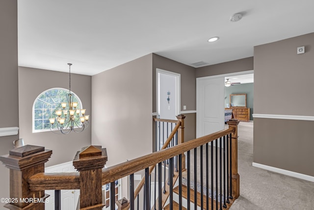 22 Ernest Dr, Lanoka Harbor, NJ 08734 - hallway with an upstairs landing, carpet flooring, a chandelier, recessed lighting, and baseboards