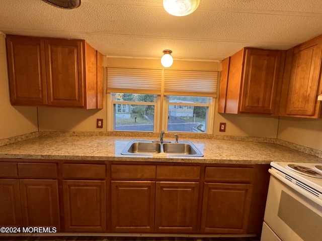 kitchen featuring a sink, electric stove, light countertops, brown cabinets, and a textured ceiling