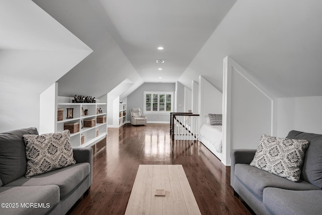 living area featuring dark wood-type flooring, built in features, vaulted ceiling, recessed lighting, and baseboards