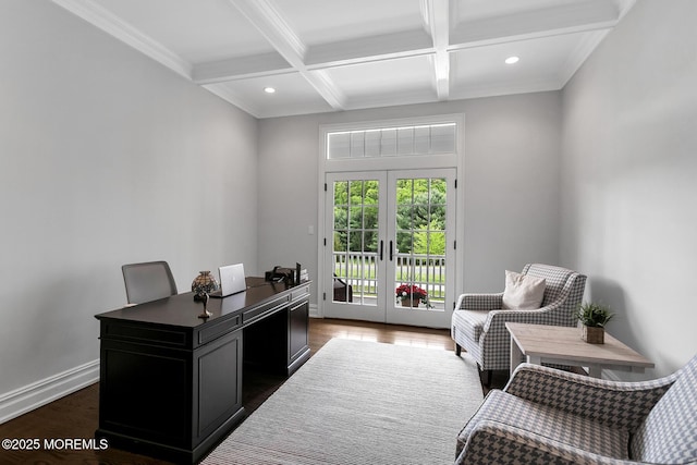 office space featuring french doors, beam ceiling, dark wood finished floors, coffered ceiling, and recessed lighting