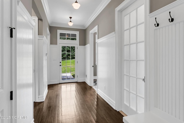 mudroom with a decorative wall, dark wood-style flooring, wainscoting, and crown molding