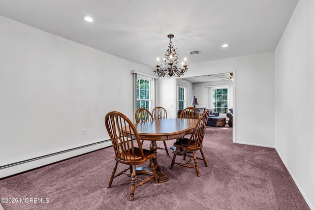 11 S Point Ct, Toms River, NJ 08757 - carpeted dining area with a chandelier, a baseboard heating unit, plenty of natural light, baseboards, and recessed lighting