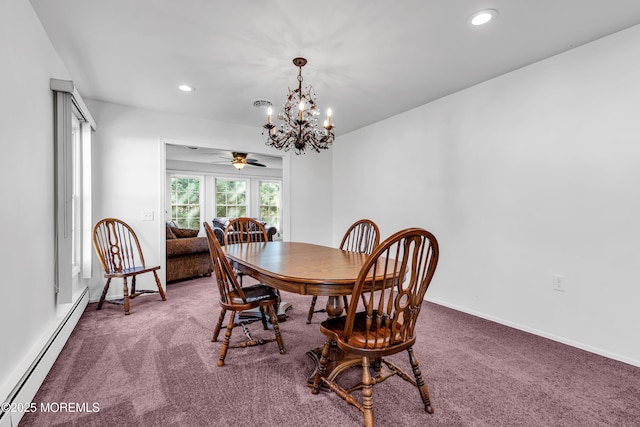 11 S Point Ct, Toms River, NJ 08757 - dining area with a baseboard radiator, carpet flooring, a chandelier, recessed lighting, and baseboards
