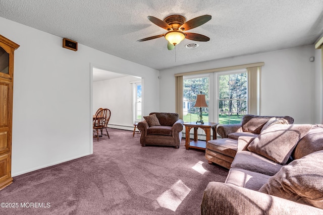 11 S Point Ct, Toms River, NJ 08757 - living room featuring a baseboard radiator, carpet flooring, a ceiling fan, a textured ceiling, and baseboards