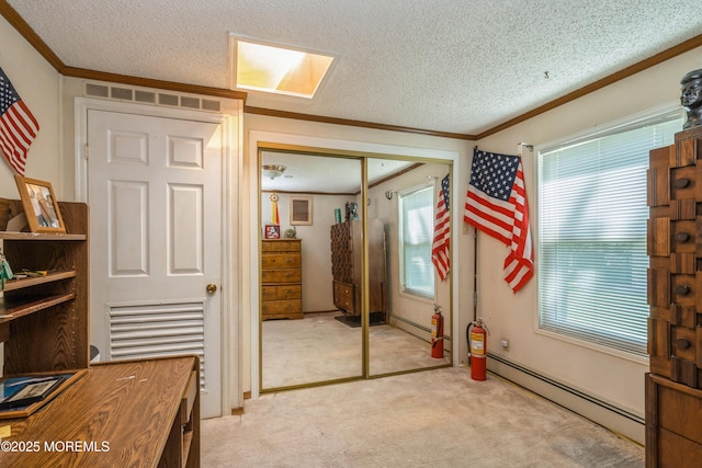 9 Copperfield Dr, Cream Ridge, NJ 08514 - unfurnished office featuring baseboard heating, crown molding, a textured ceiling, and light carpet