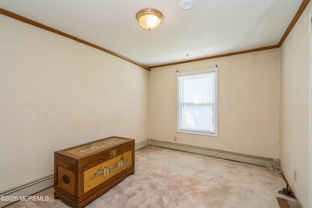 9 Copperfield Dr, Cream Ridge, NJ 08514 - empty room featuring a baseboard radiator, ornamental molding, carpet floors, and a textured ceiling