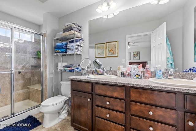 111 Warbler Way Unit 1000, Freehold, NJ 07728 - full bath with double vanity, a stall shower, toilet, and ceiling fan