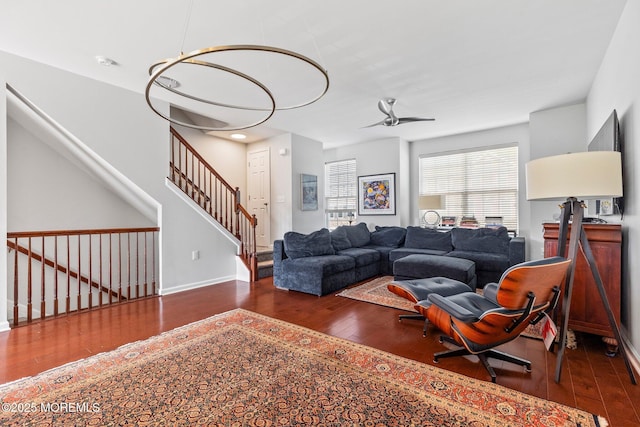 111 Warbler Way Unit 1000, Freehold, NJ 07728 - living area with wood-type flooring, ceiling fan, baseboards, and stairs